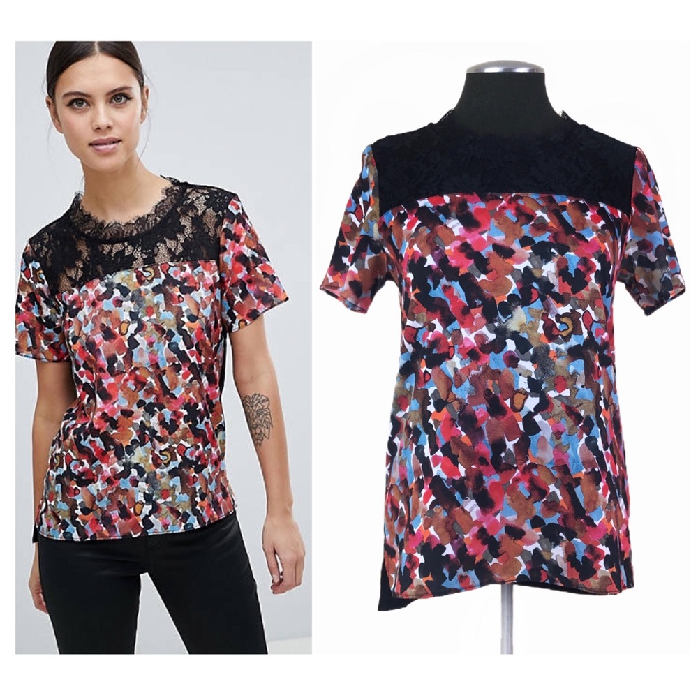 French Connection - Eleanor Lace Mixed Media Short Sleeve Top - XS